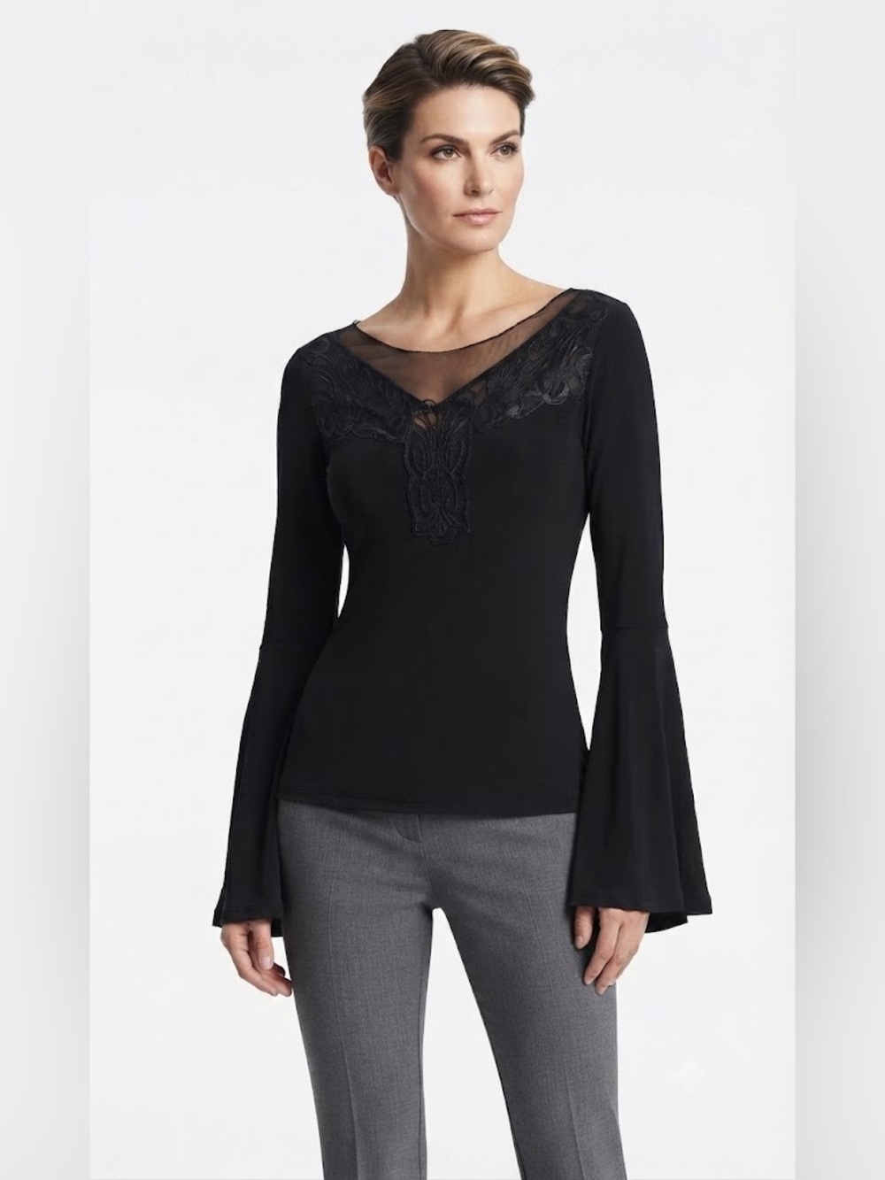 VENUS Black Lace-Trim Bell Sleeve Top
